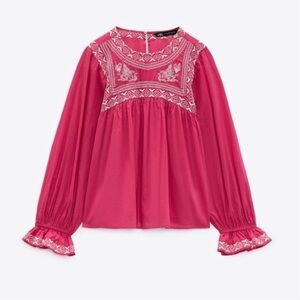 Zara Fuchsia Pink Blouse Top With White Embroidery Pink Size XS NEW